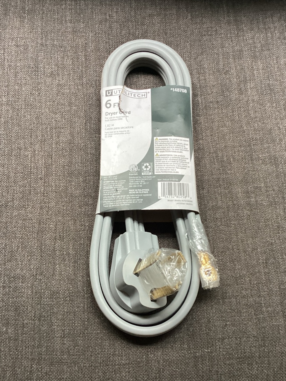 6 ft Gray Dryer Cord — 3-Prong Replacement
